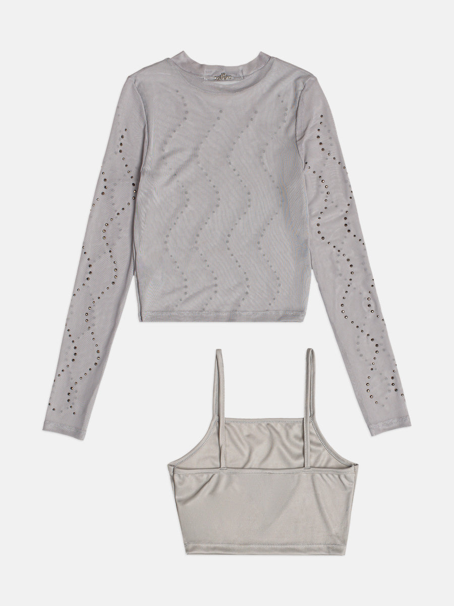 Blusa Tule Com Strass Cinza Claro I Am
