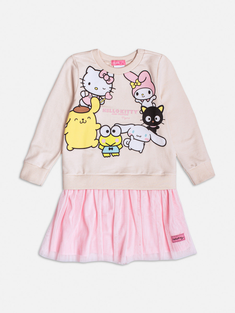 Vestido Manga Longa Hello Kitty Amigos Bege - BambolePetit