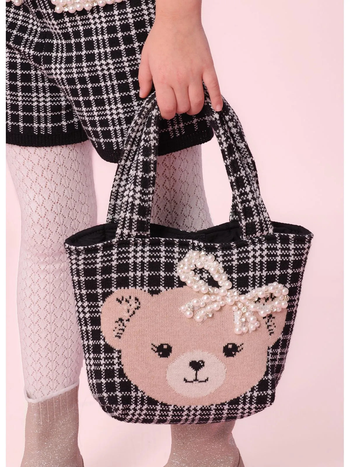 Bolsa Tricot Xadrez Ursinha Laço Bordado Preto Tam Único - BambolePetit