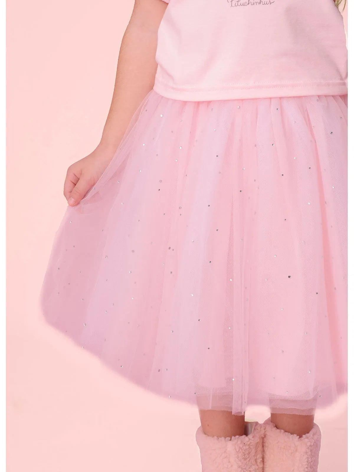 Saia Short Tule Cristais Princesa Rosa Gelado - BambolePetit