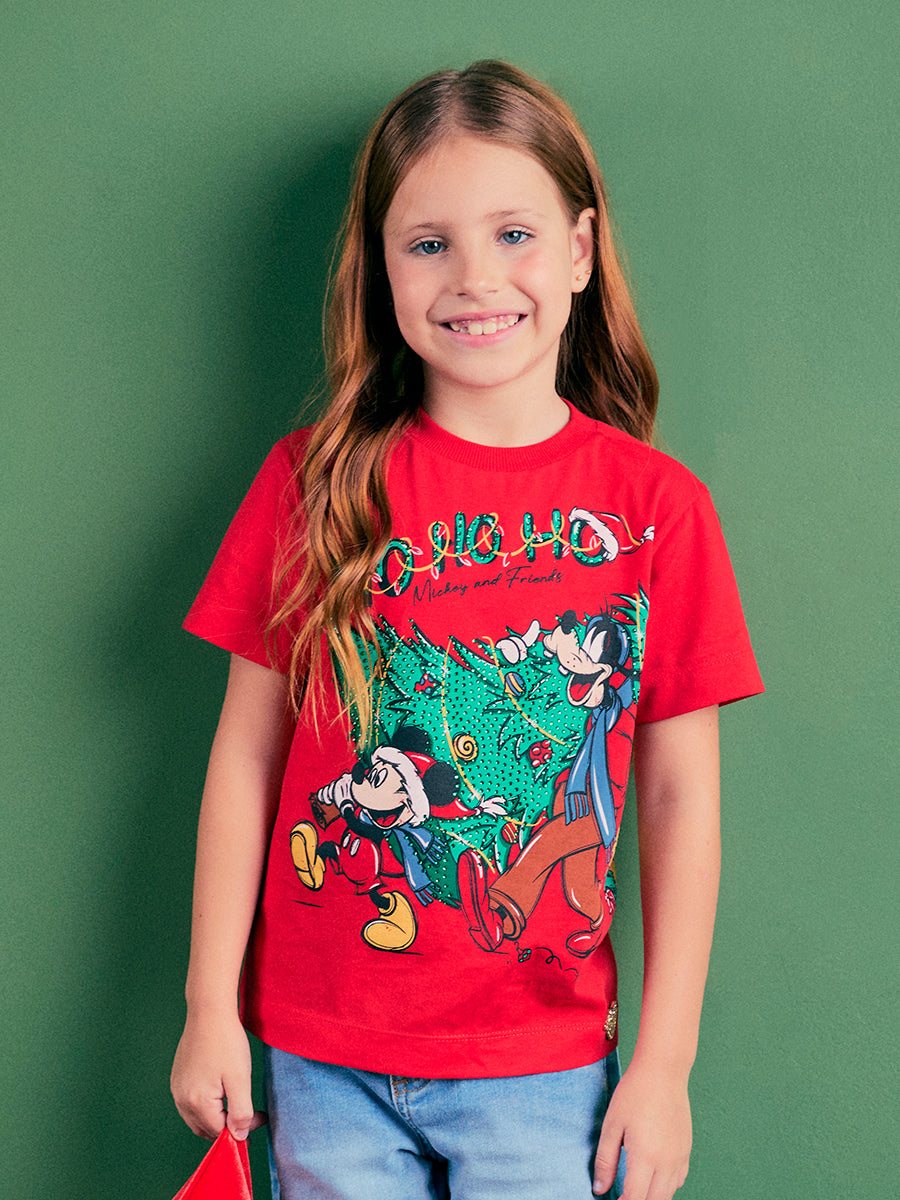 T-Shirt Vermelha Mickey e Amigos Natal Anime