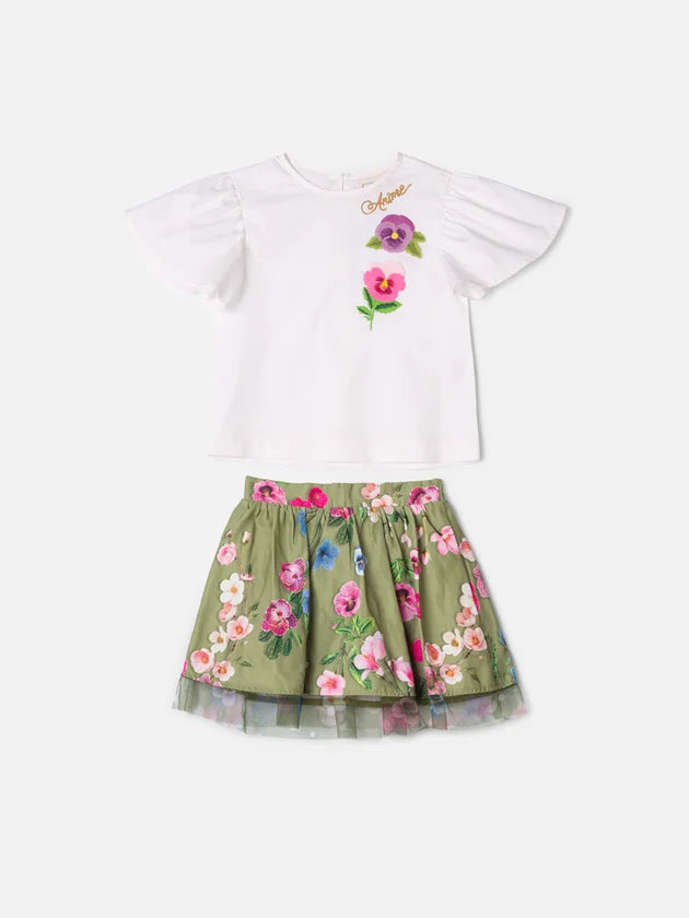 Conjunto Manga Curta Blusa Saia Off White Animê