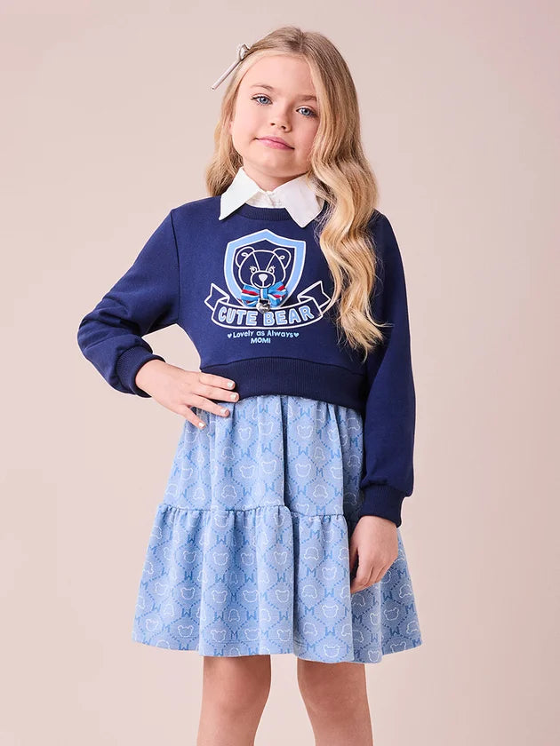 Vestido Com Saia Jacquard Urso Azul Marinho - BambolePetit
