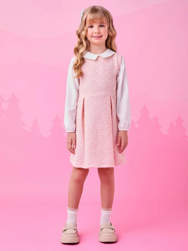 Vestido Manga Longa De Tweed Com Gola Rosa - BambolePetit