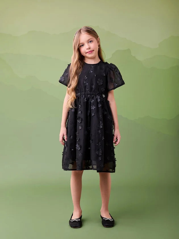 Vestido Tafeta Bordado Flores Preto