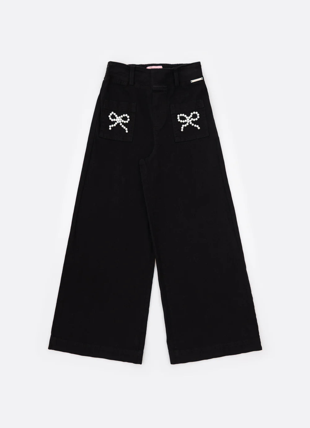 Calça Sarja Reta Laços Bordados Bolsos Preto Pituchinhus