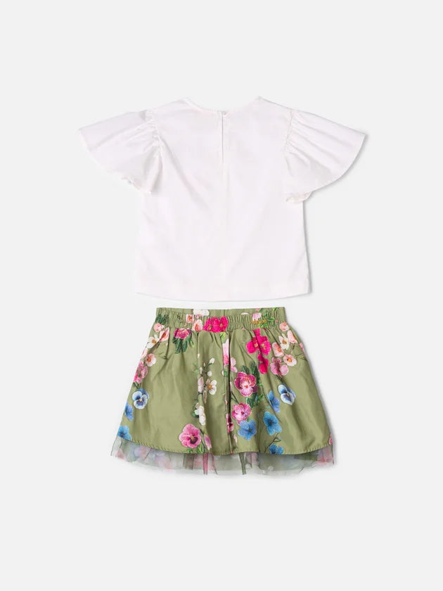 Conjunto Manga Curta Blusa Saia Off White Animê