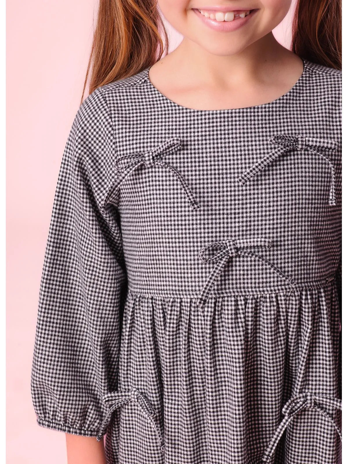 Vestido Babados Flanela Xadrez Laços Xadrez Preto e Off - BambolePetit