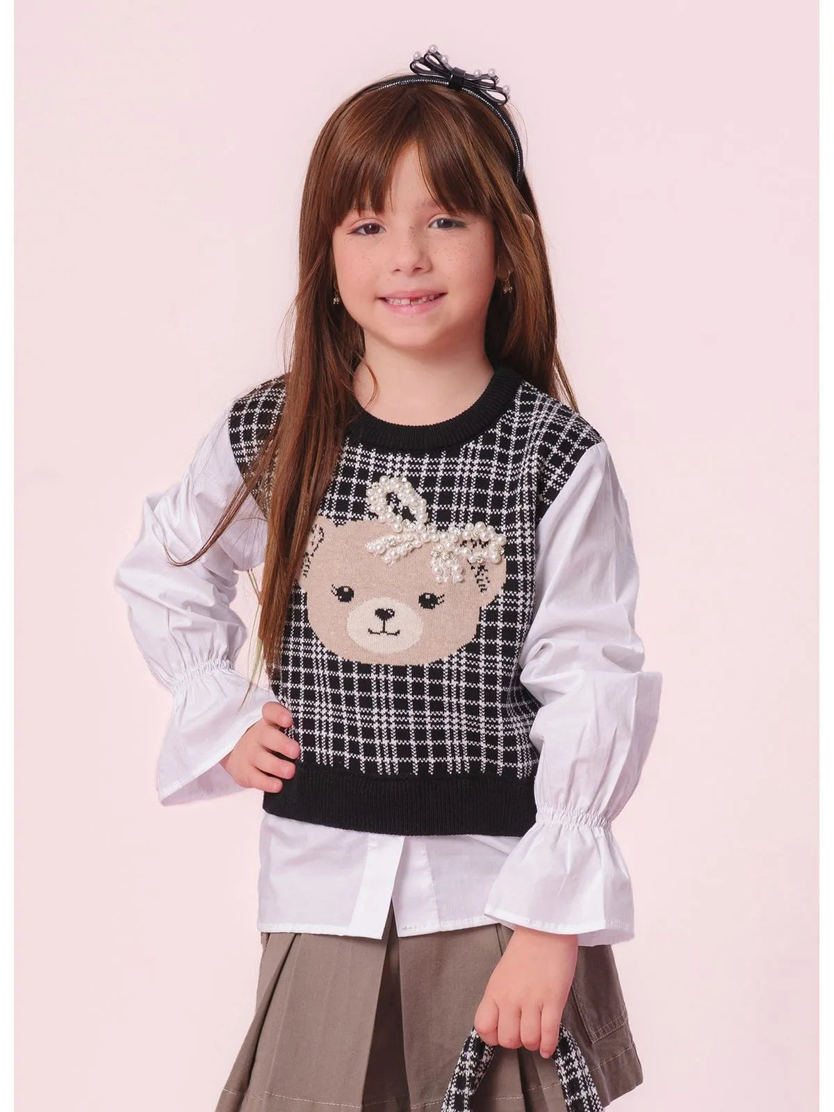 Blusa Tricot Xadrez Ursinha Mangas Tricoline Preta - BambolePetit