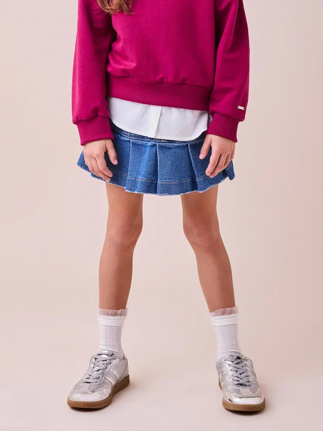 Short Saia Jeans com Pregas