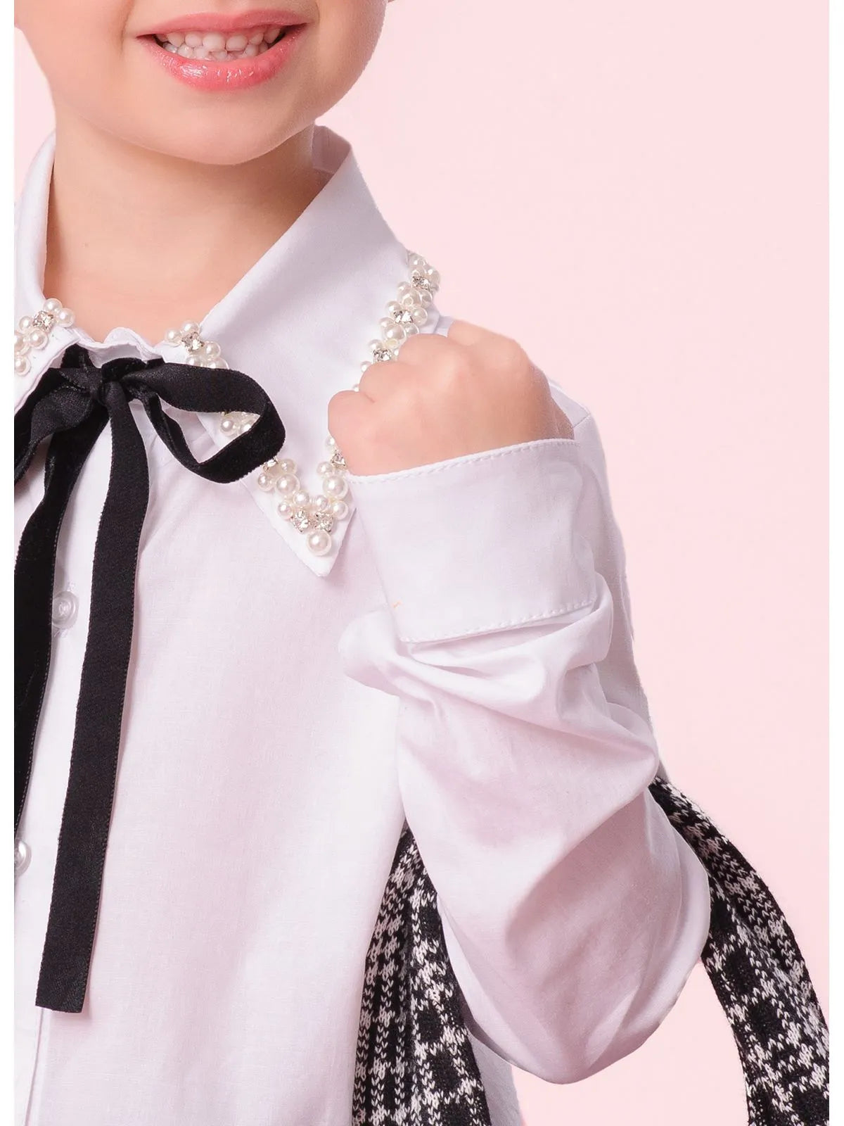 Camisa Tricoline Laço Veludo Bordado Branco - BambolePetit