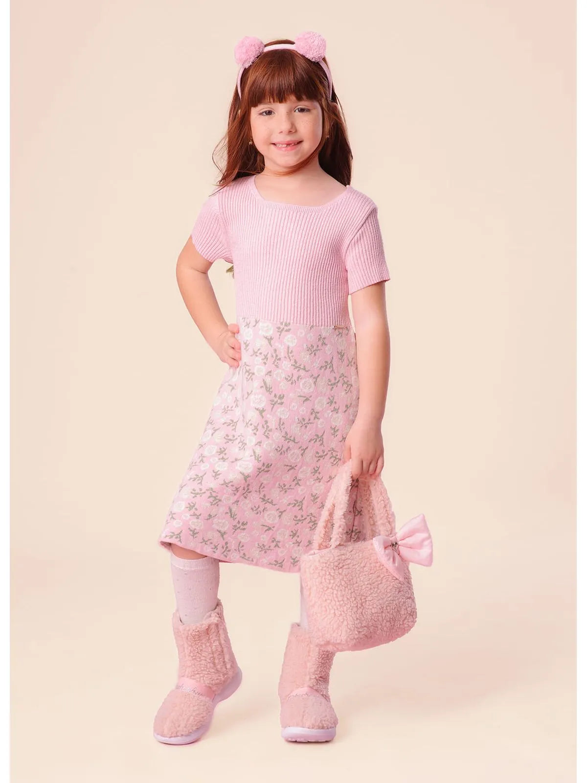 Vestido Tricot Canelado Saia Jacquard Floral Sugar Rose
