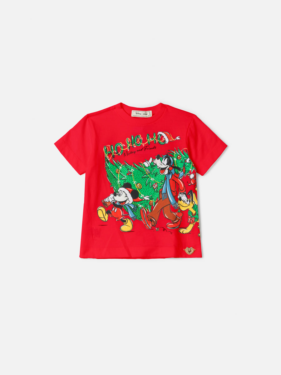 T-Shirt  Vermelha Mickey e Amigos Natal Anime