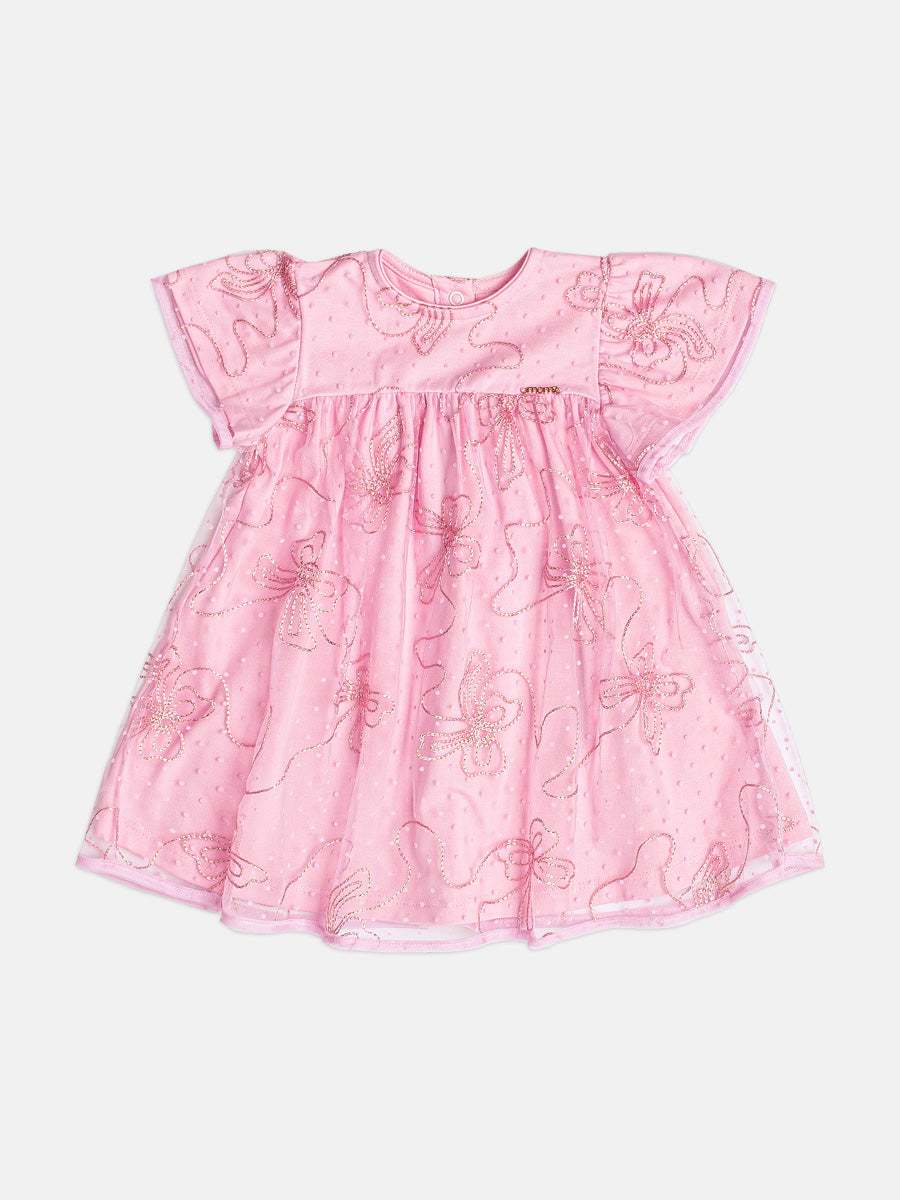 Vestido De Tule Bordado Lacos Rosa Momi