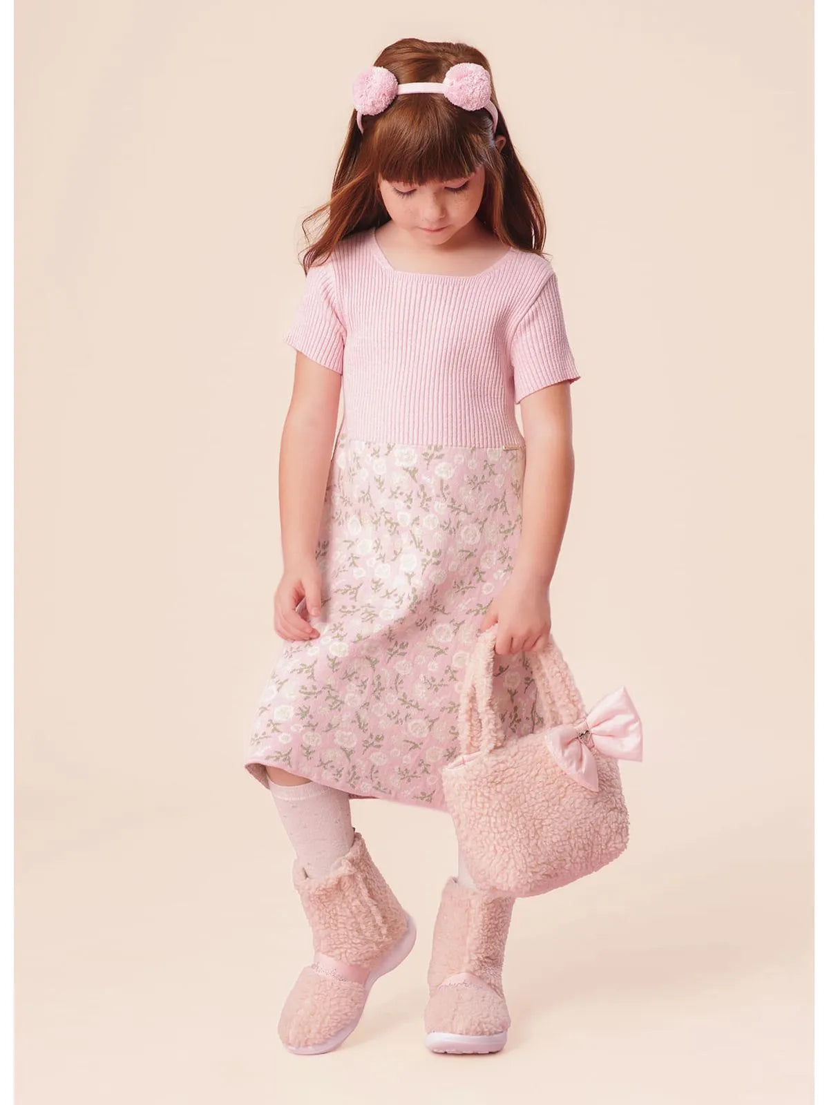 Vestido Tricot Canelado Saia Jacquard Floral Sugar Rose