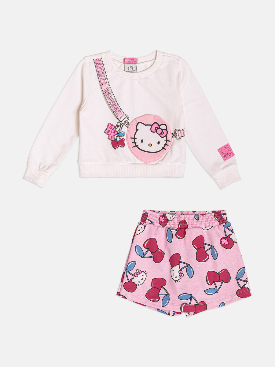 Conjunto Manga Longa Casaco Hello Kitty e Saia Perola Momi
