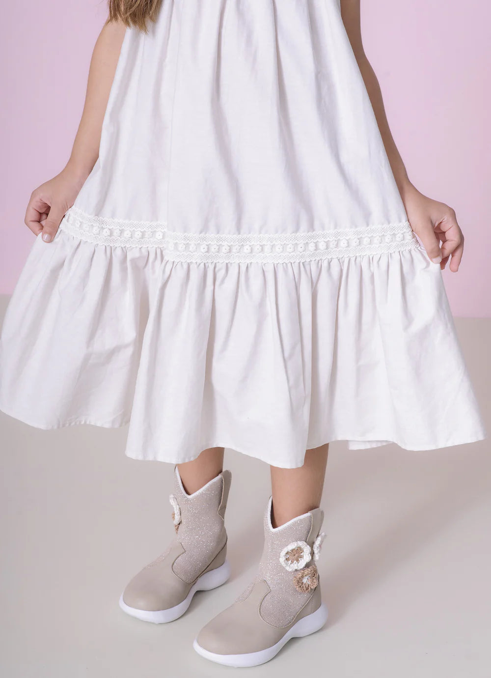 Vestido Algodão Babados Renda Bege Pituchinhus