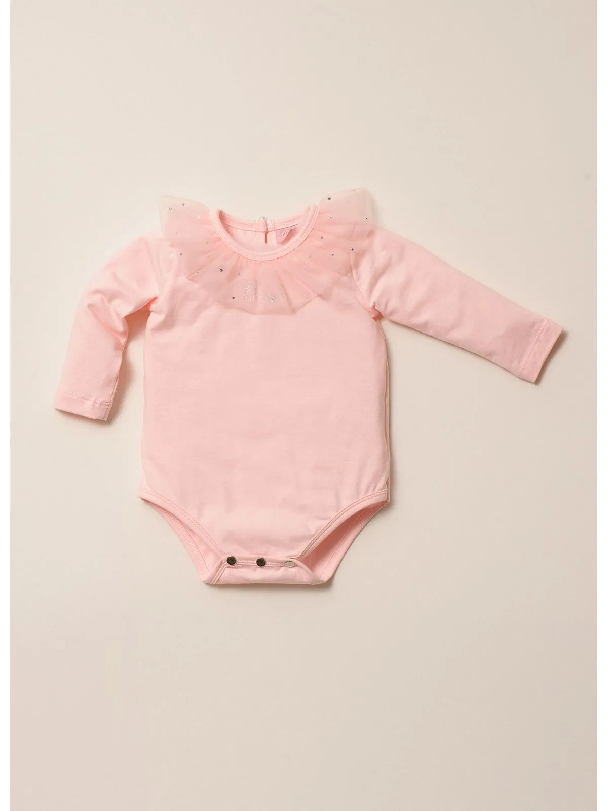 Body Cotton Gola Tule Cristais Rosa Gelado - BambolePetit