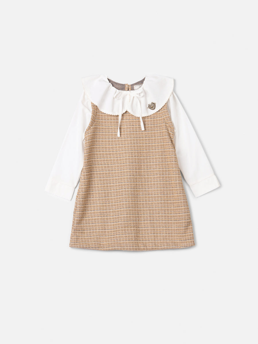 Vestido Em Tweed Xadrez Marrom/Bege Animê