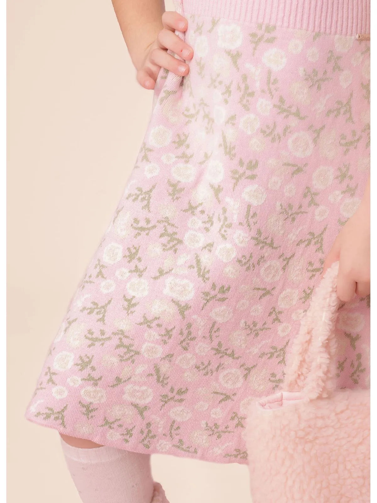 Vestido Tricot Canelado Saia Jacquard Floral Sugar Rose