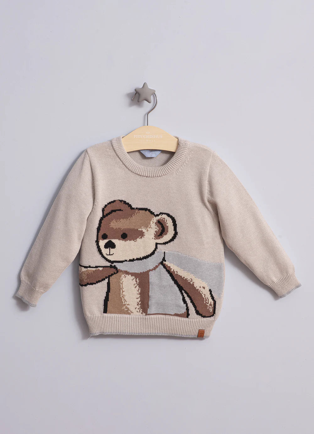 Blusa Tricot Ursinho Cachecol For Boys Cinza Pituchinhus