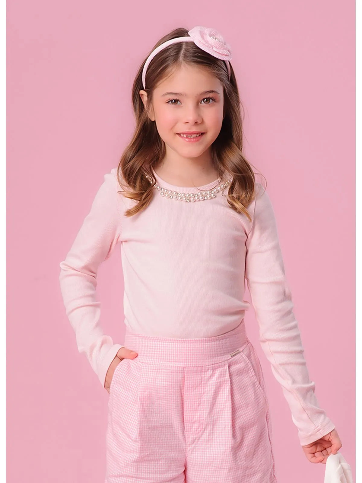 Blusa Ribana Bordado Pérolas e Cristais Rosa Gelado - BambolePetit
