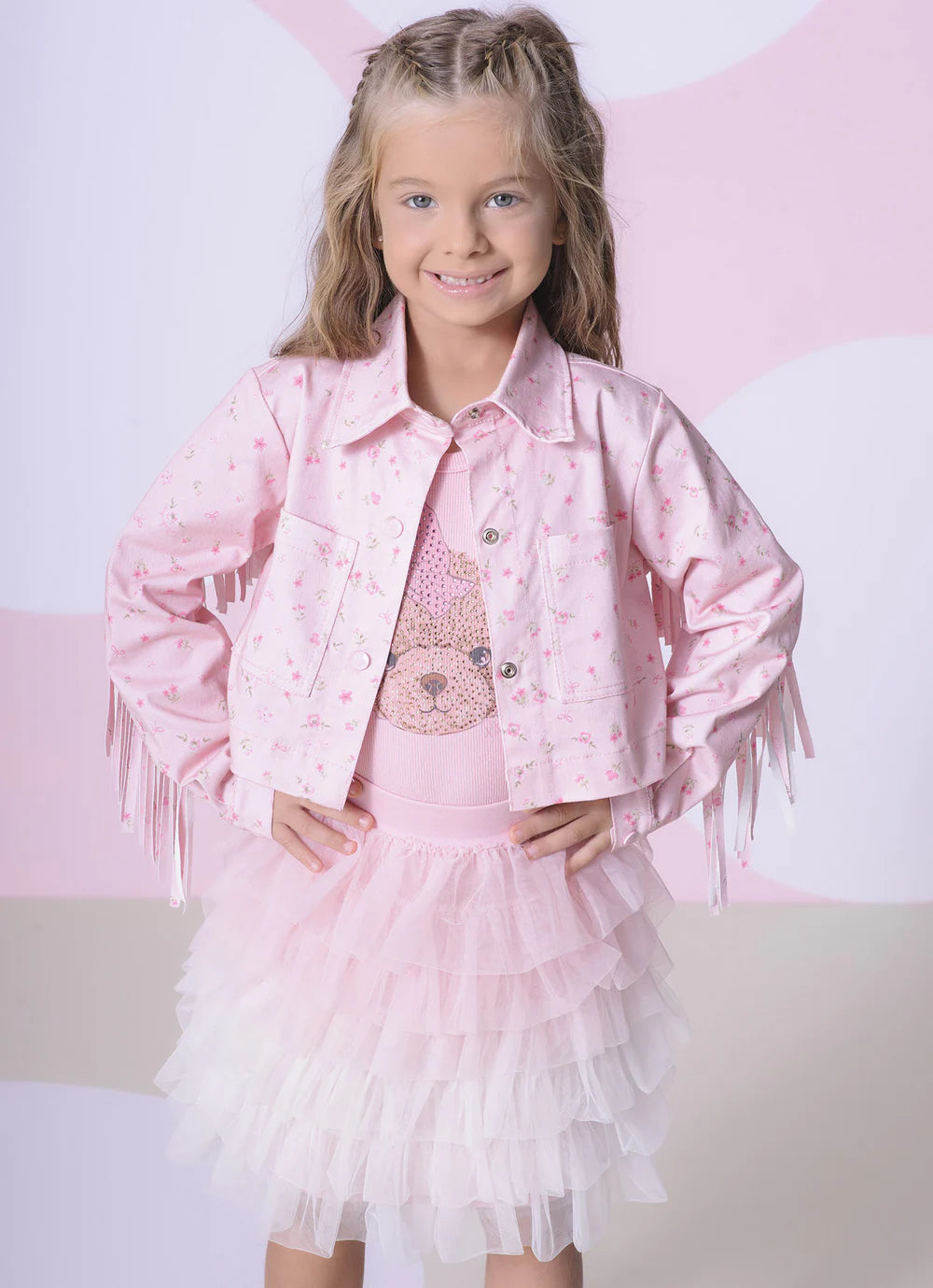 Jaqueta Sarja Estampada e Franjas Pituchinhus