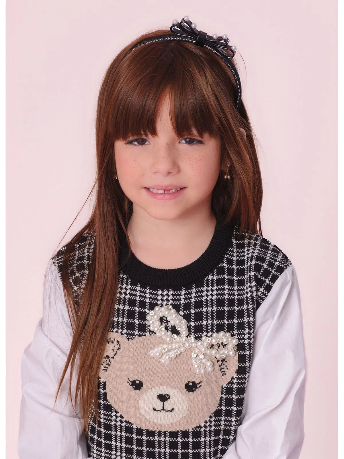 Blusa Tricot Xadrez Ursinha Mangas Tricoline Preta - BambolePetit