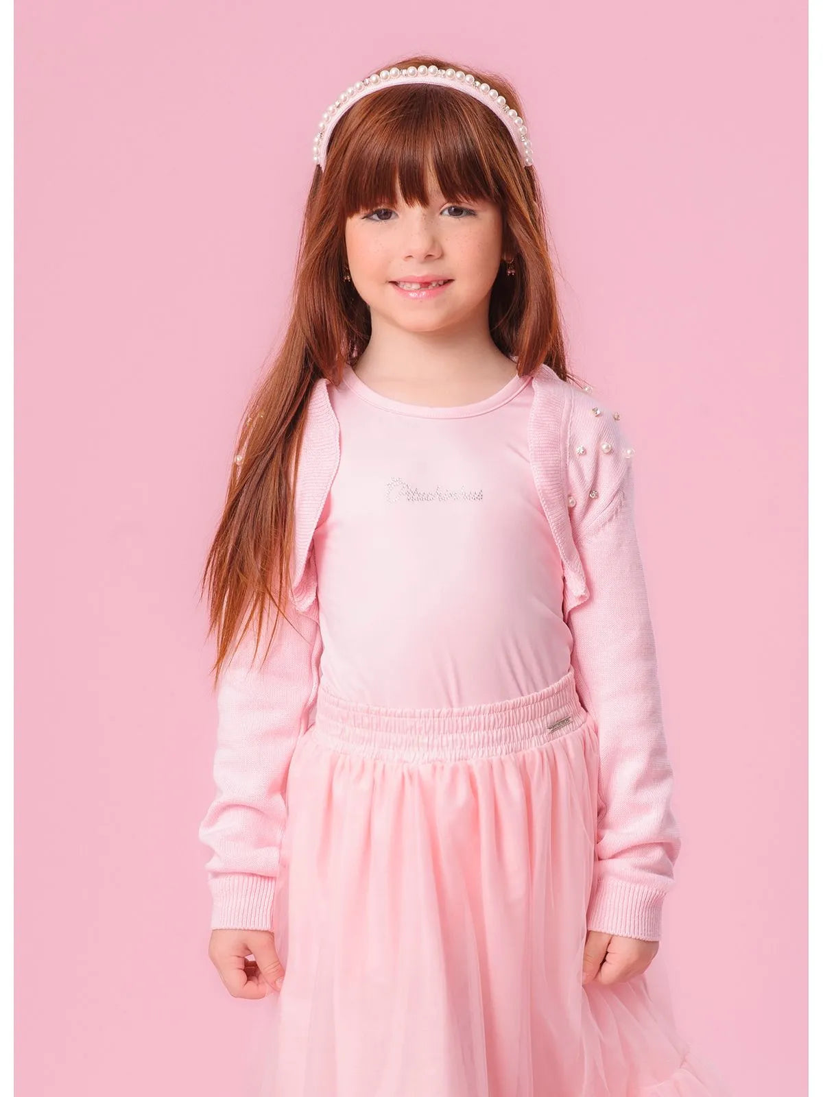 Bolero Tricot Bordado Pérolas e Cristais Rosa Baby Pituchinhus