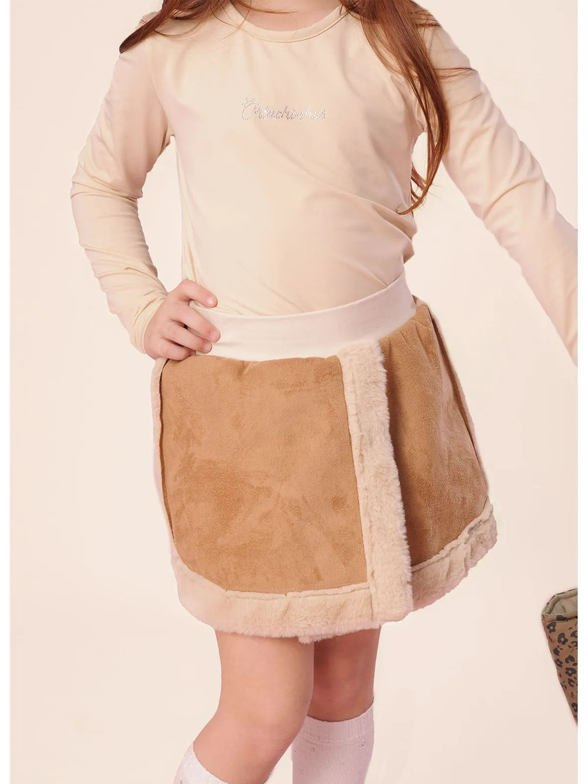 Saia Short Pele Com Suede Bege - BambolePetit