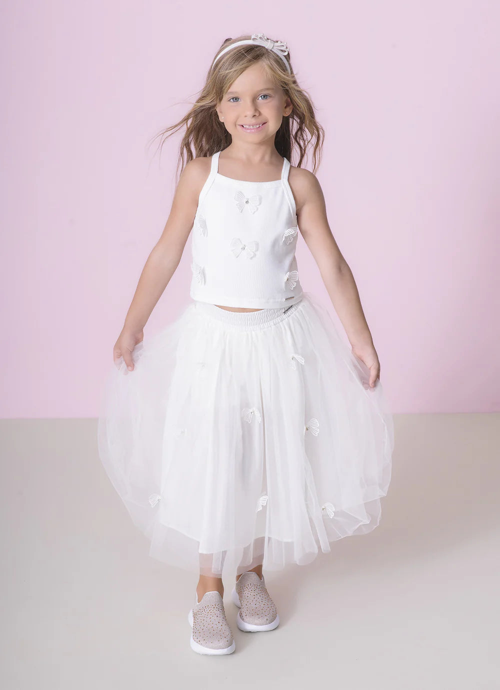 Saia Short Tule Laçinhos Aplicados Off White Pituchinhus