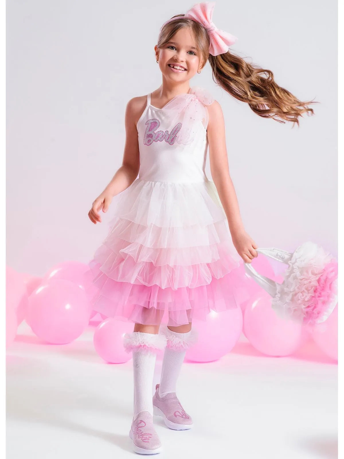 Vestido Festa Alça Cotton Babados Tule Barbie Off White - BambolePetit