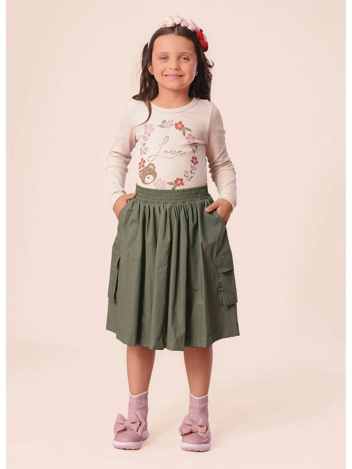 Saia Short Midi Tricoline Bolsos Verde Eucalyptus - BambolePetit