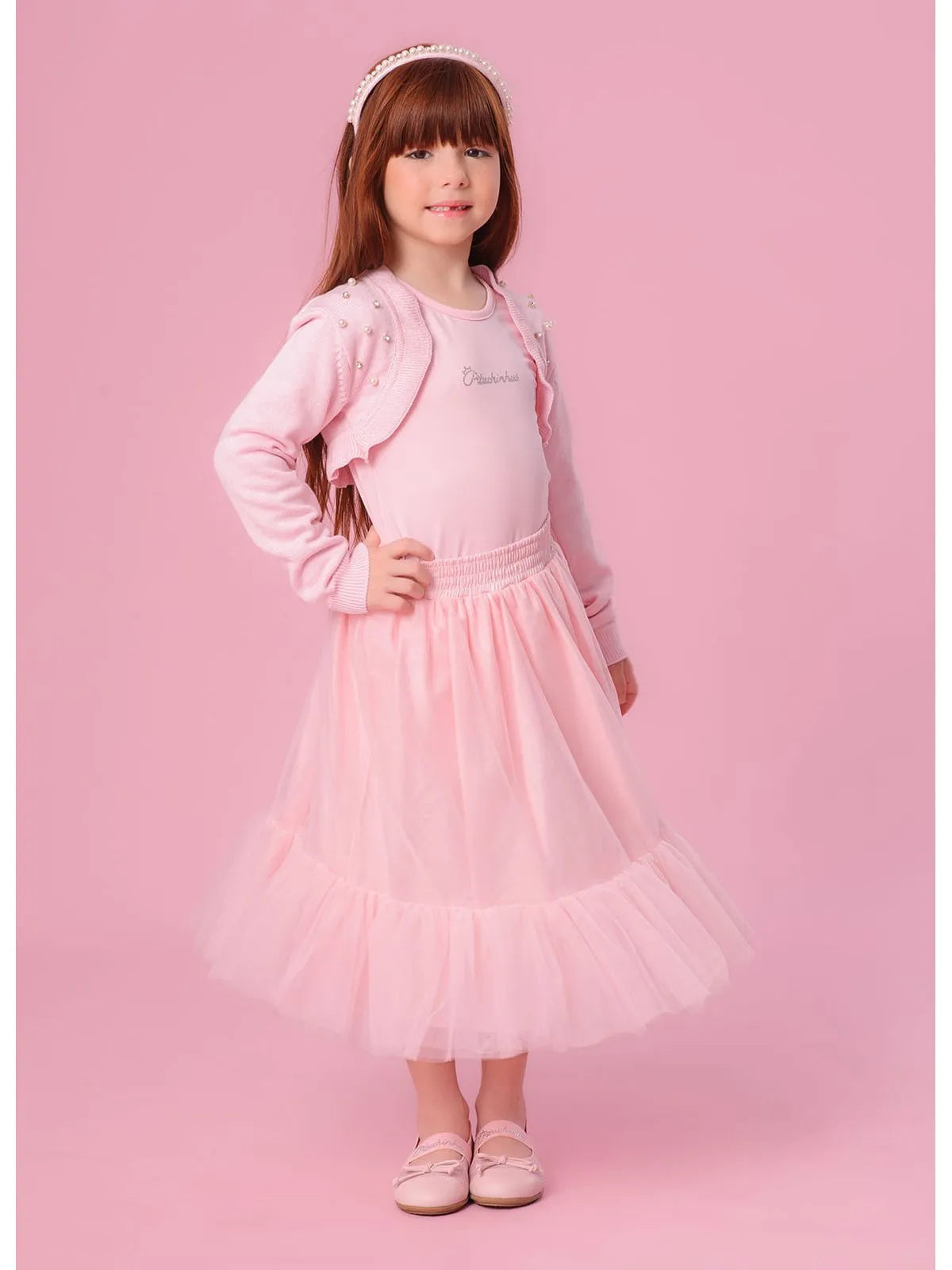 Bolero Tricot Bordado Pérolas e Cristais Rosa Baby Pituchinhus