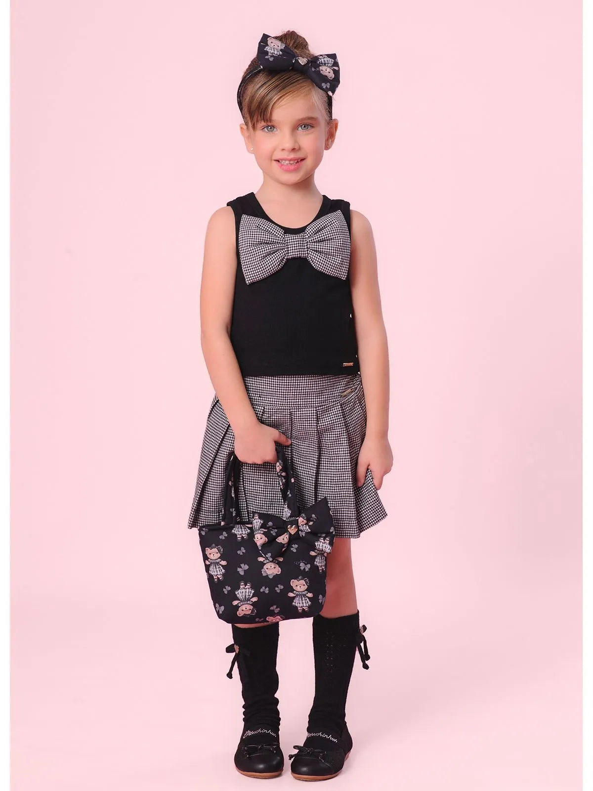 Saia Short Flanela Xadrez Pregas Xadrez Preto e Off - BambolePetit