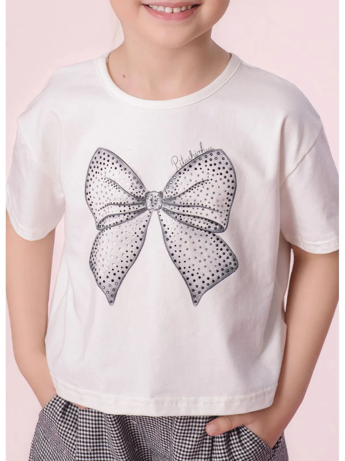 Blusa Cotton Ampla Serigrafia Laço Cristais Off White - BambolePetit