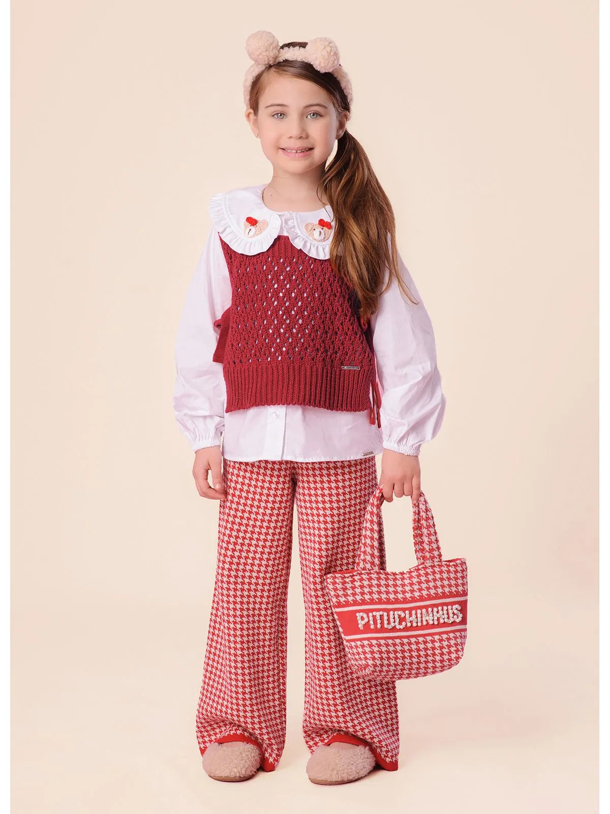 Calça Tricot Reta Pied de Poule Vermelho - BambolePetit