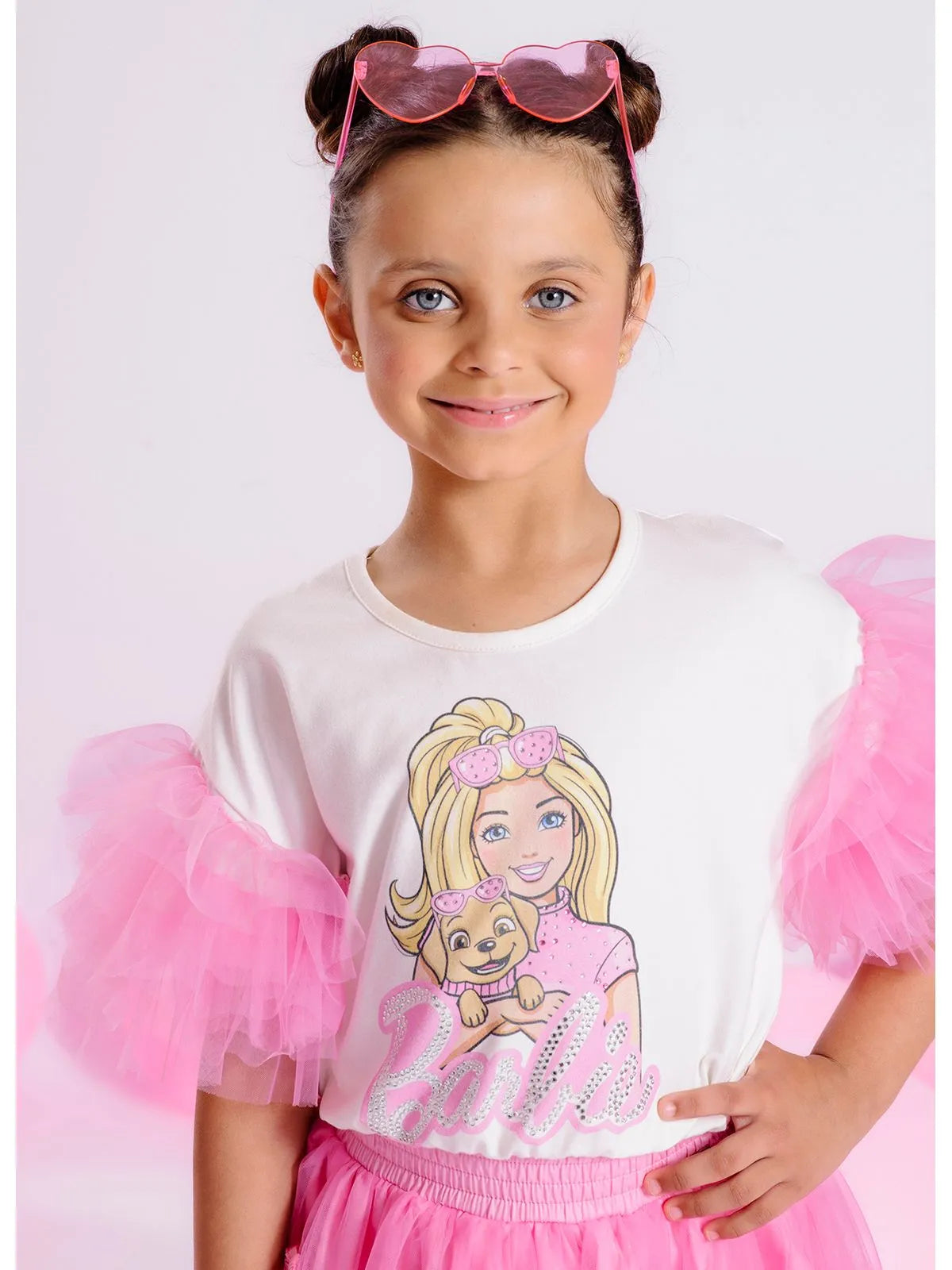 Blusa Cotton Serigrafia Barbie Cachorro Tule Mangas Off White - BambolePetit