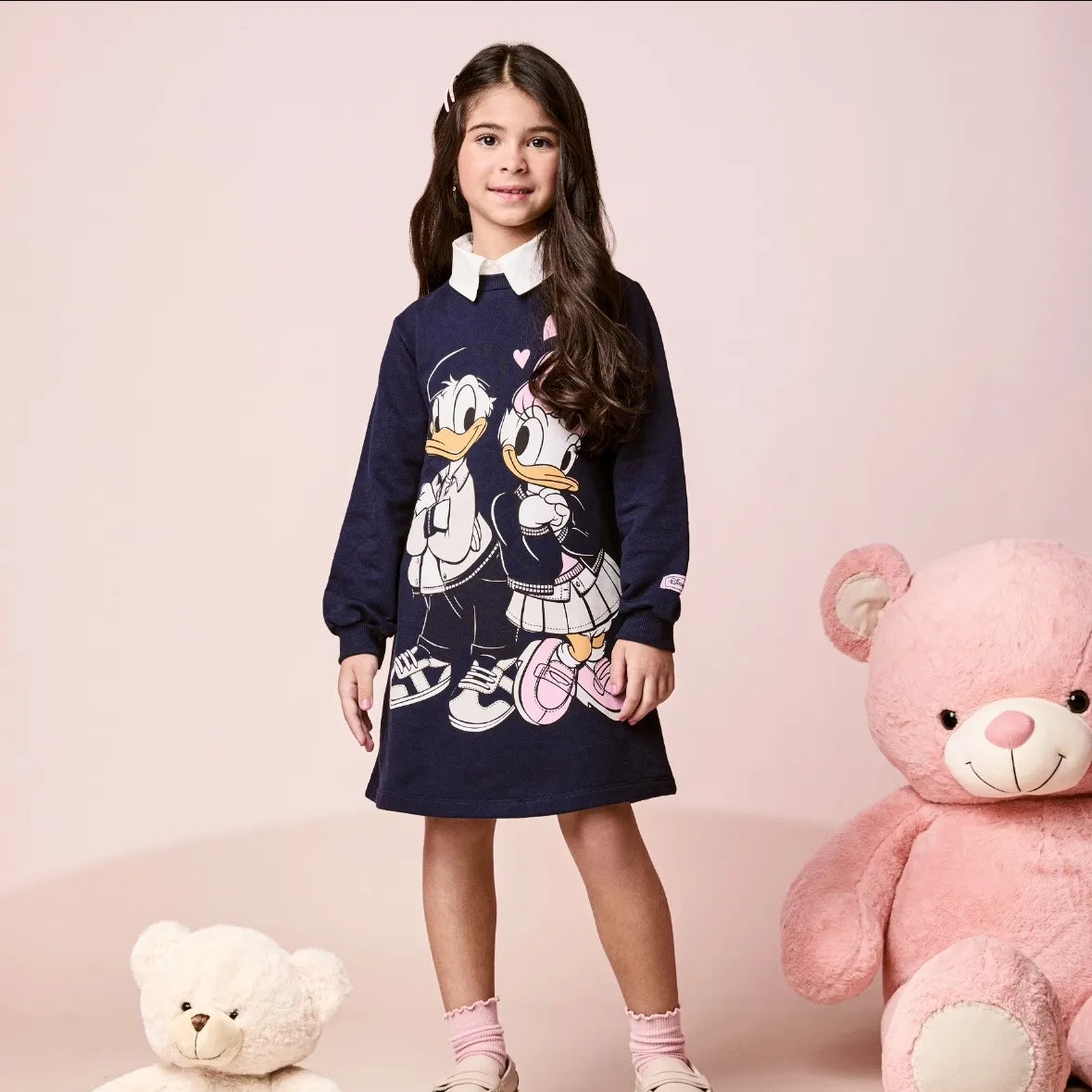 Vestido Manga Longa Daisy E Donald Azul Marinho Momi