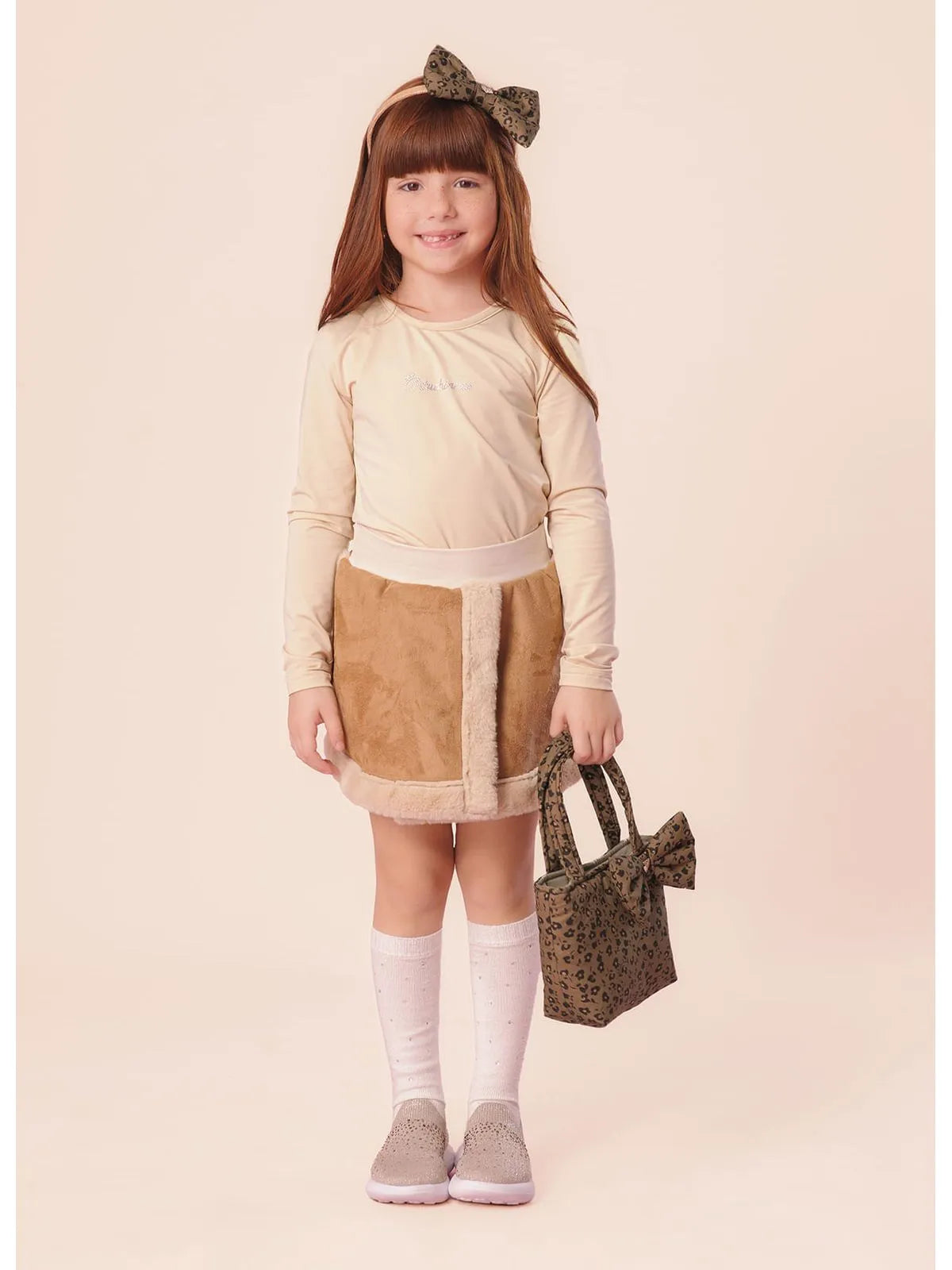 Saia Short Pele Com Suede Bege - BambolePetit