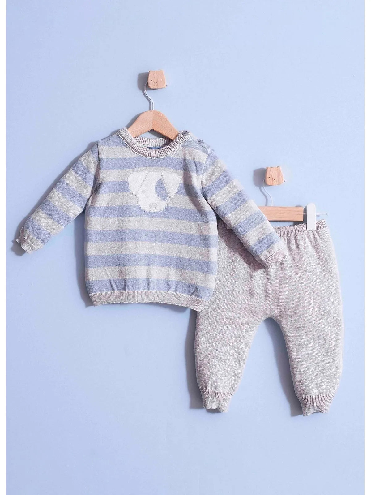 Conjunto Tricot Blusa Listrada e Calça Cachorrinho Costas Mescla Claro - BambolePetit