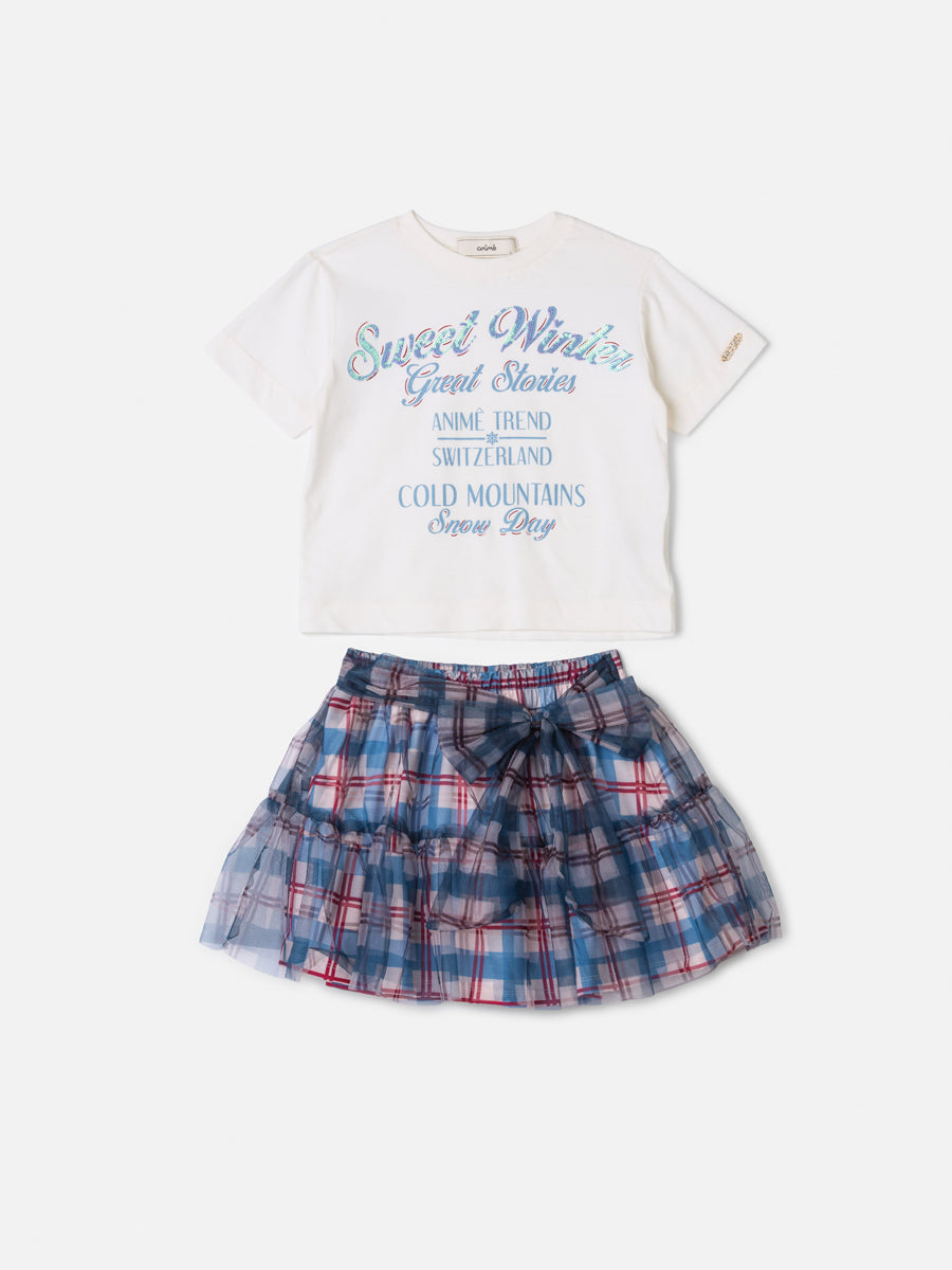 Conjunto Manga Curta Blusa e Saia Perola Animê