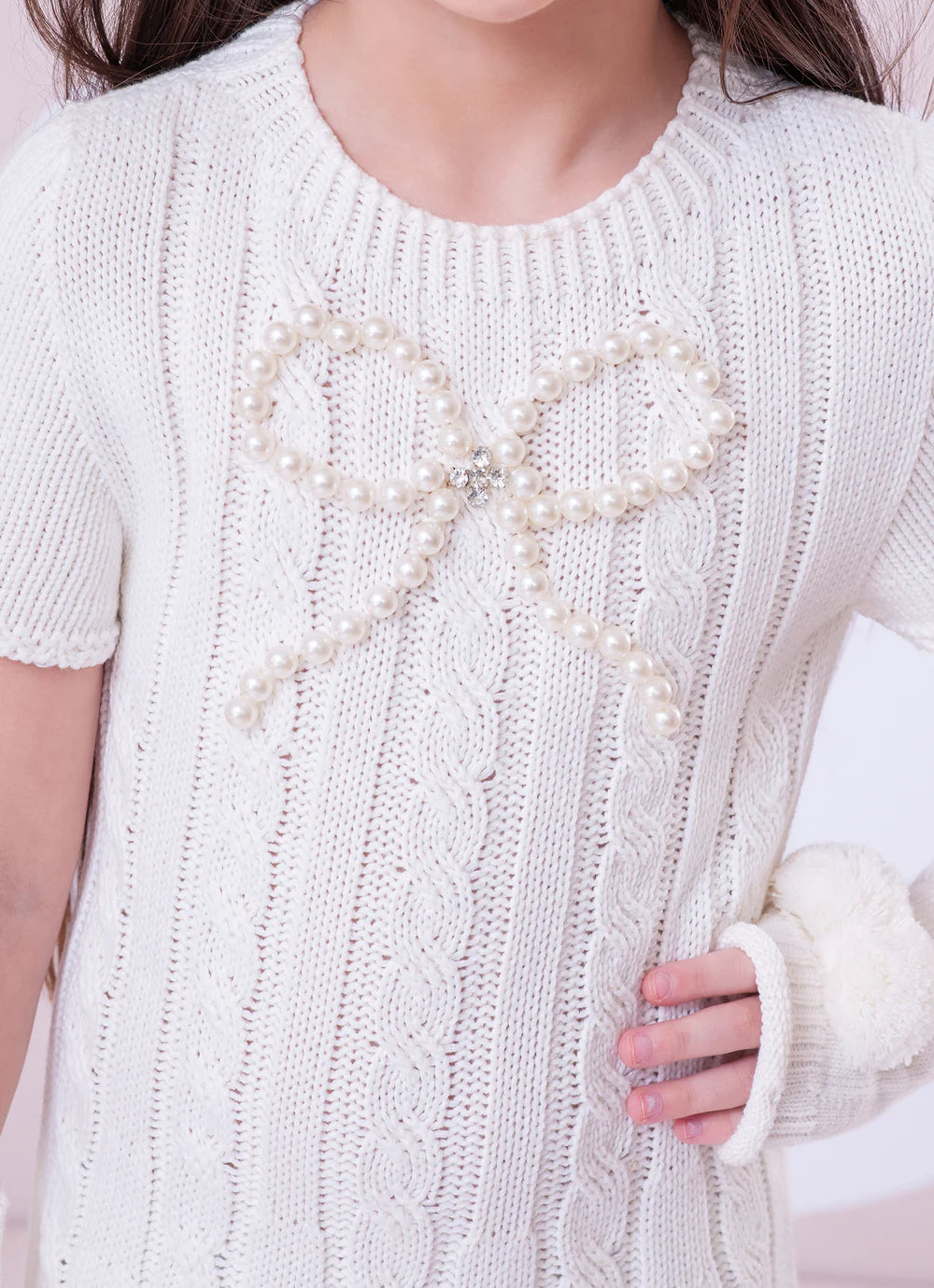 Vestido Tricot Sem Costura Canelado Laço Bordado Off White Pituchinhus