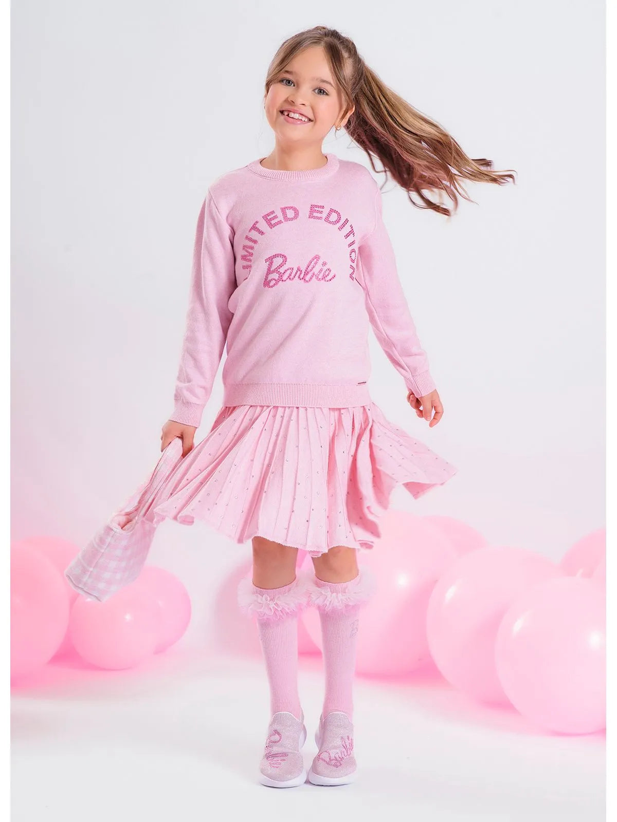 Saia Short Tricot Plissada Cristais Barbie Sugar Rose - BambolePetit