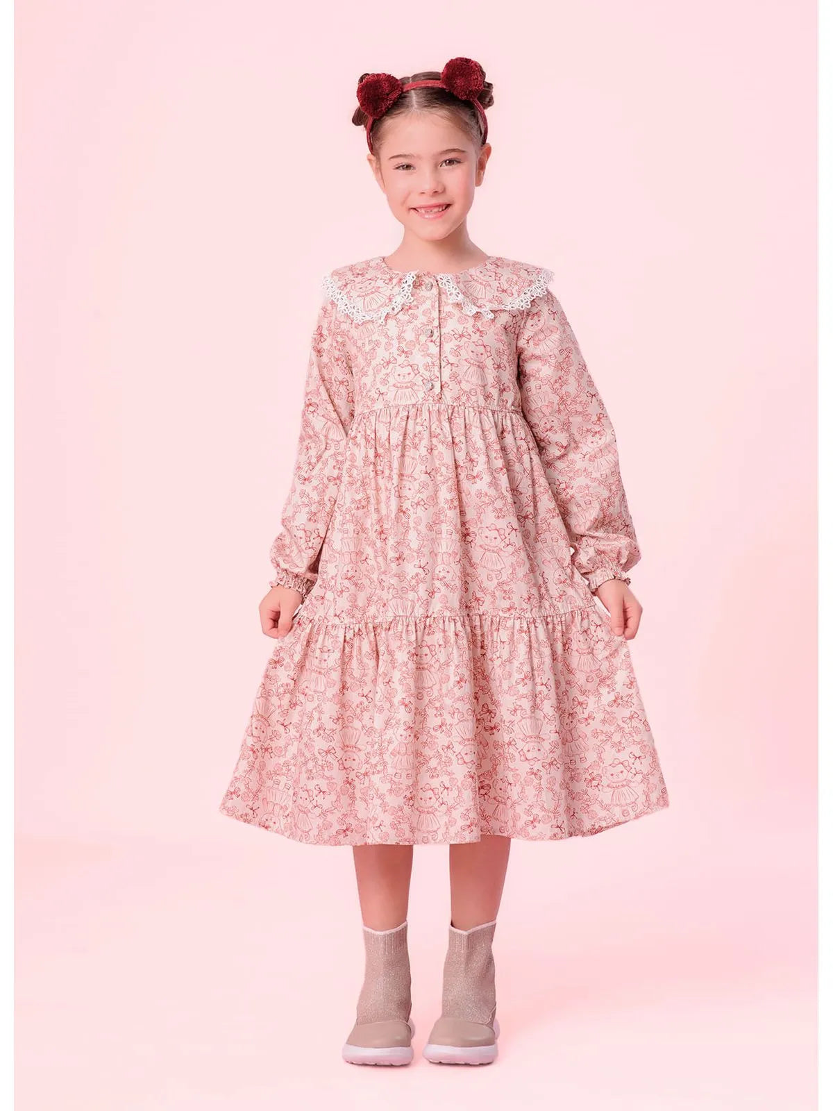 Vestido Algodão Babados Estampa Toile Golinha Renda Pituchinhus