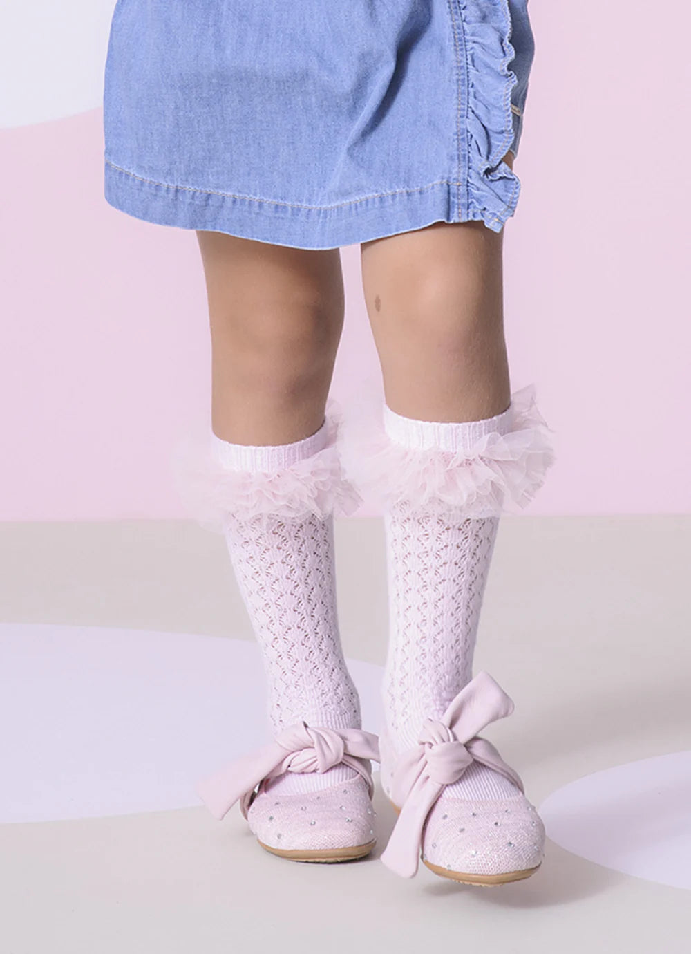 Meia Tricot Rendada Frufru Tule Dark Pink