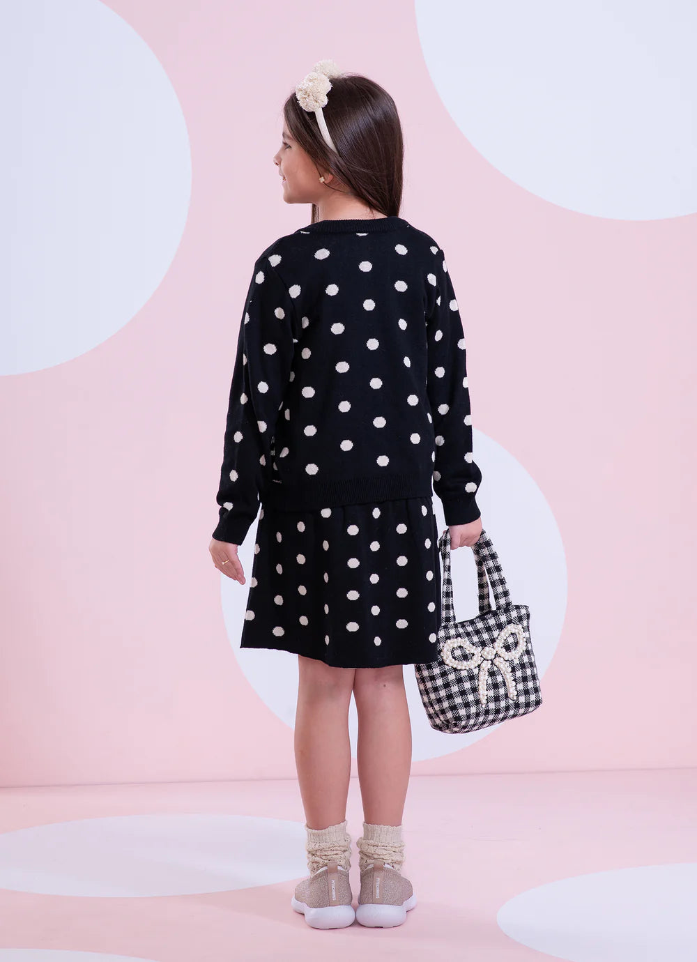 Casaqueto Tricot Poá Bolso Laços Bordados Preto Pituchinhus