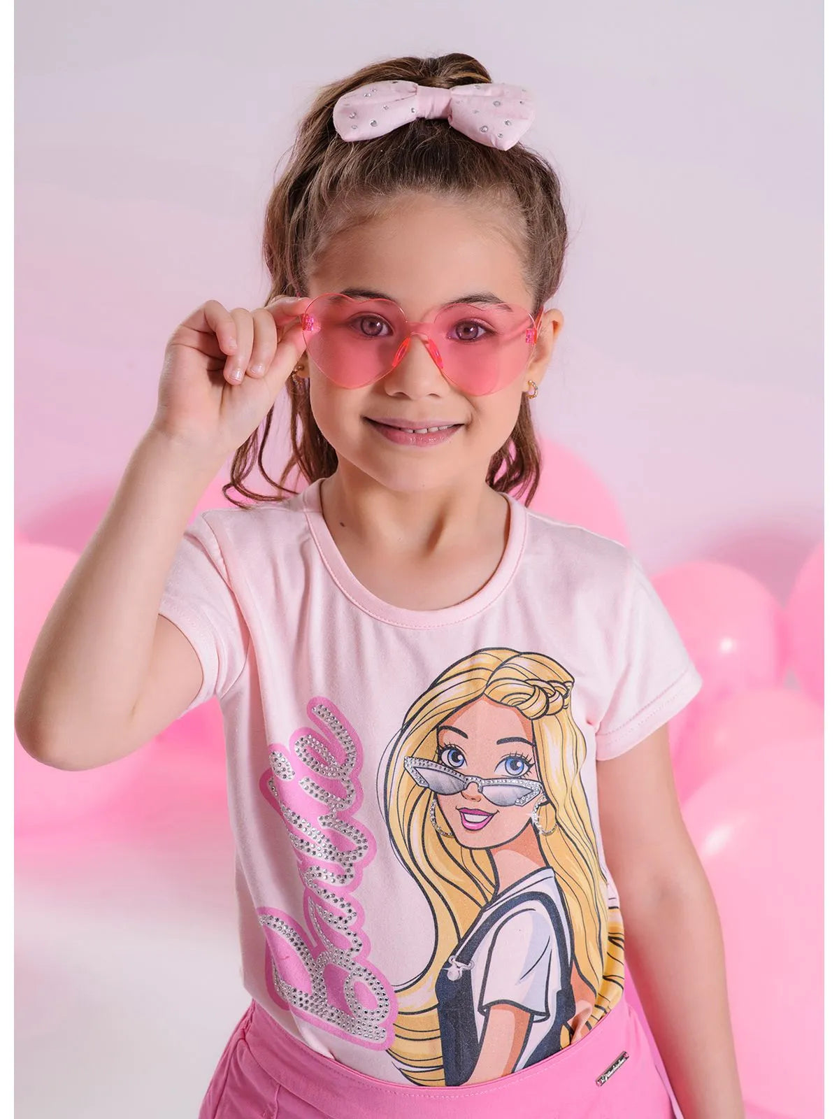 Blusa Cotton Serigrafia Barbie Óculos Cristal Rosa Gelado - BambolePetit