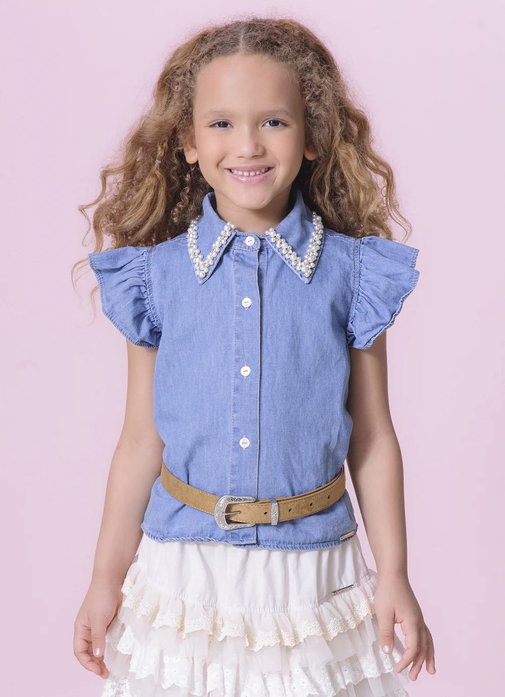 Camisa Jeans Bordado Pérola e Cristal Pituchinhus