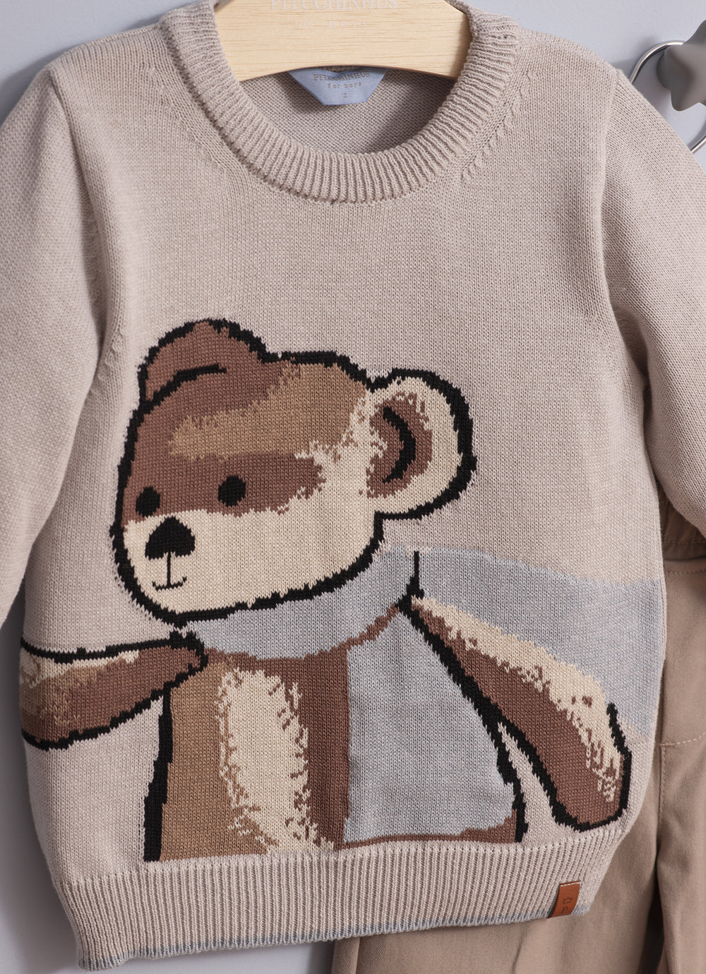 Blusa Tricot Ursinho Cachecol For Boys Cinza Pituchinhus